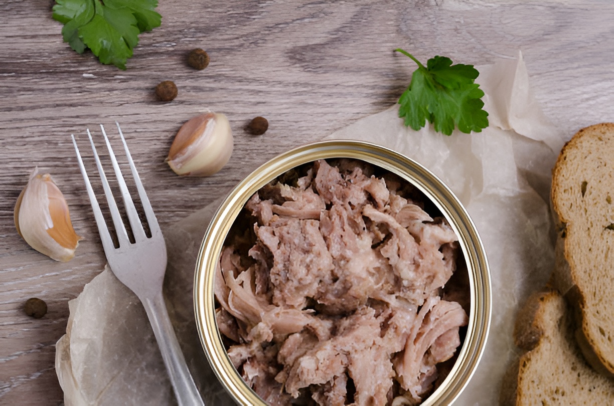 canned chicken, fork, and bread on a table